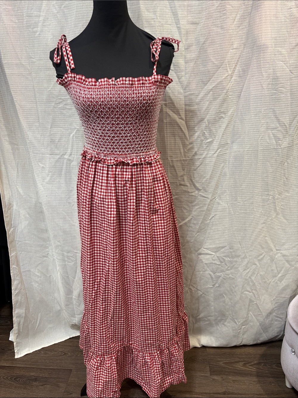 kate spade Red Gingham Smocked Maxi Dress with Tie Straps and Ruffle Hem